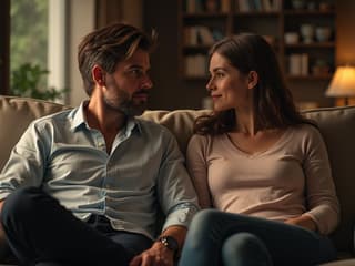 Couple sitting on a couch, one person listening attentively to the other