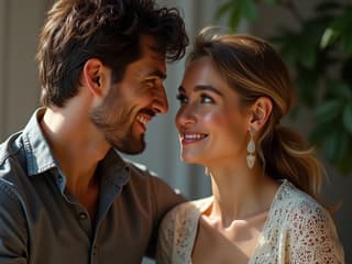 Couple talking and smiling, eye contact, studio portrait, natural light
