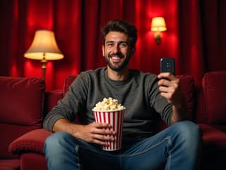 Cozy studio scene of a man with popcorn and a remote, movie-themed background