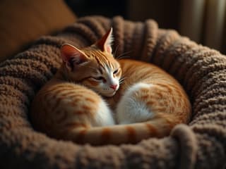 Cozy studio shot of a cat curled up next to a person, warm tones, intimate setting