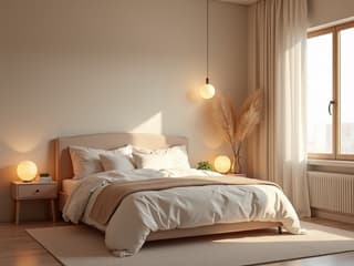 Cozy studio shot of a peaceful bedroom setting, soft lighting, calming colors
