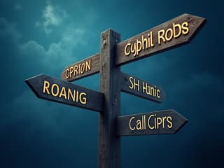 Crossroads sign with different career paths and zodiac symbols, blue-hour studio lighting