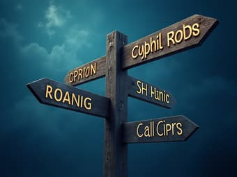 Crossroads sign with different career paths and zodiac symbols, blue-hour studio lighting