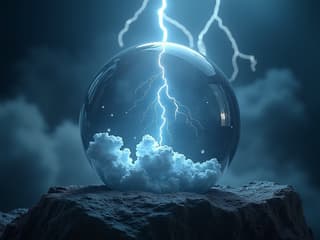 Crystal ball showing stormy clouds and lightning, dramatic studio lighting, sharp details