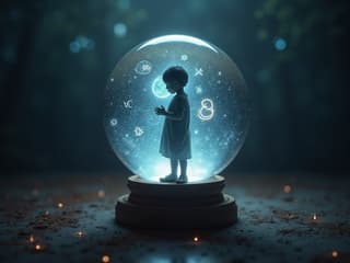 Crystal ball with a child's silhouette and zodiac symbols, soft focus studio shot, future theme