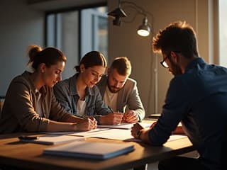 Culture builder facilitating team building workshop, collaborative workspace, studio lighting
