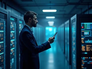 Cybersecurity expert presenting data protection strategy, secure server room, professional headshot