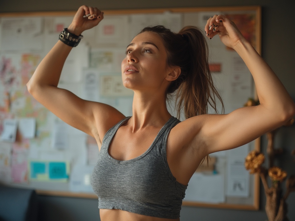 Determined woman setting goals with vision board, energetic pose, motivational studio environment