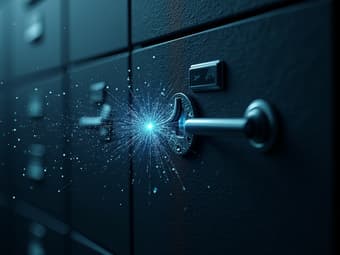 Digital lock broken on file cabinet, personal data floating away as binary code