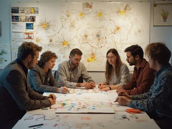 Diverse group of people collaborating on a project, using visual aids