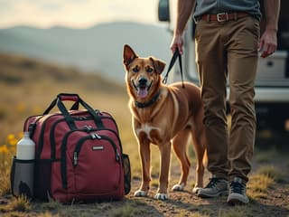 Dog and owner packing for a trip, with travel essentials visible