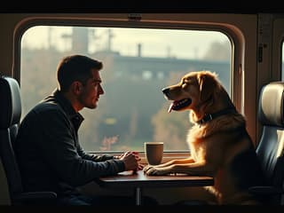 Dog in a train car with a person, both looking out the window