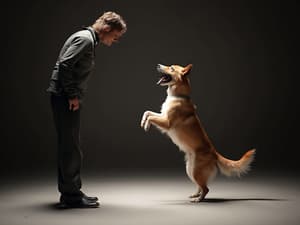 Dog performing fun trick with owner, training session, reward-based teaching, studio lighting