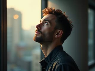 Dreamy-eyed man looking up in a bright studio setting, inspirational mood
