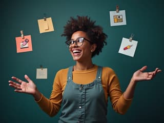 Dynamic studio portrait of a person juggling various task icons, focused expression