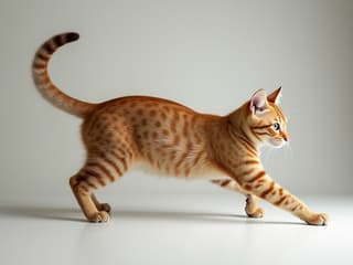 Dynamic studio shot of a cat mid-stretch, showcasing flexibility, clean background