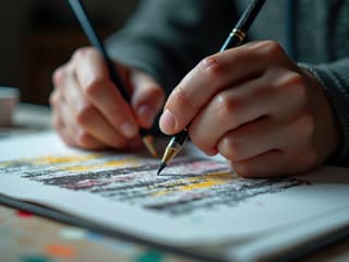Dynamic studio shot of hands working on a new skill, like painting or coding, detailed close-up