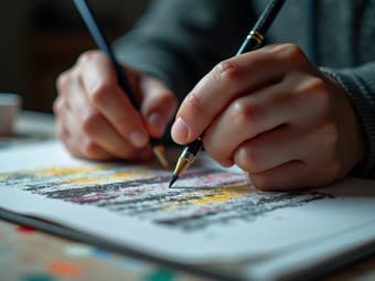 Dynamic studio shot of hands working on a new skill, like painting or coding, detailed close-up