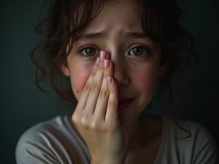 Empathetic studio portrait of a person wiping tears, with a hint of hope in their expression