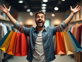 Enthusiastic man in a studio setting with shopping bags, retail-themed background