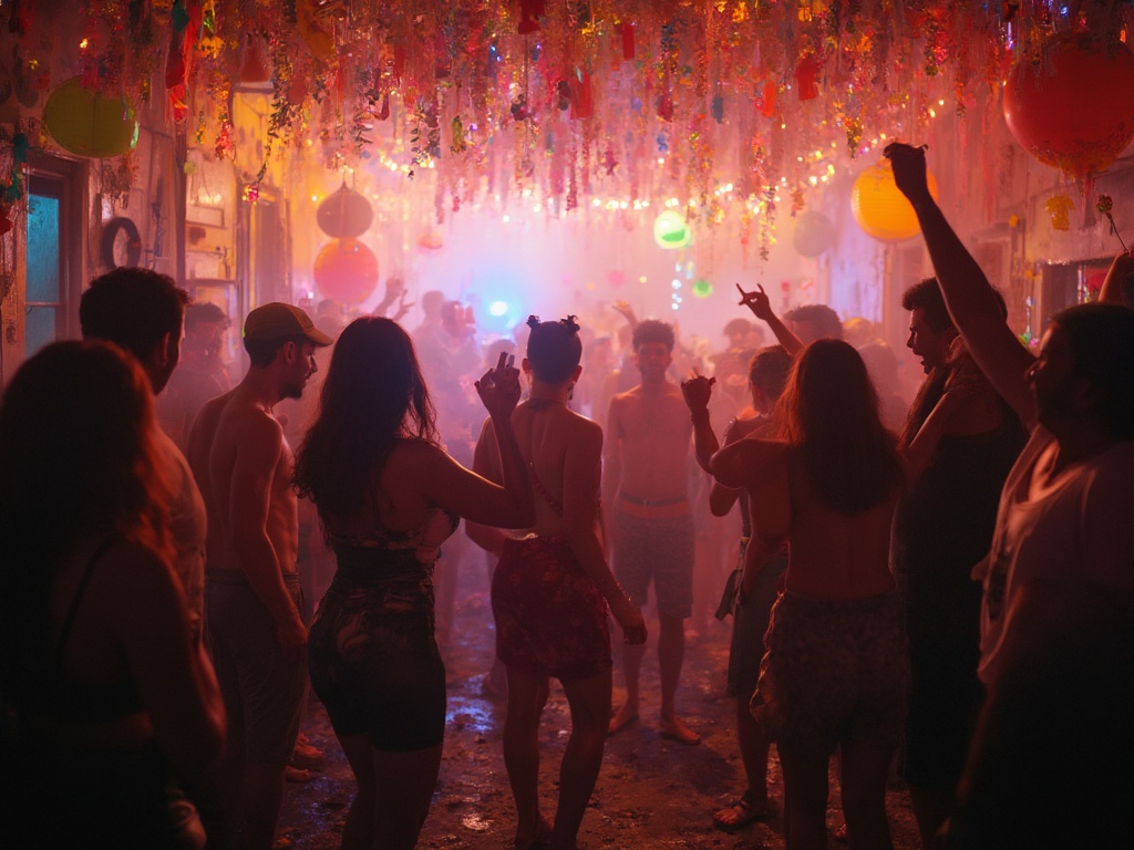 Epic house party scene, colorful decorations, friends having fun, energetic atmosphere, studio shot