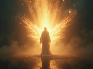 Ethereal being of light guiding a person, heavenly studio backdrop, soft glow