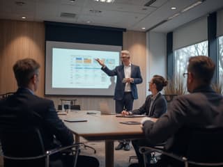 Executive rehearsing business presentation, sleek conference room, studio quality photograph