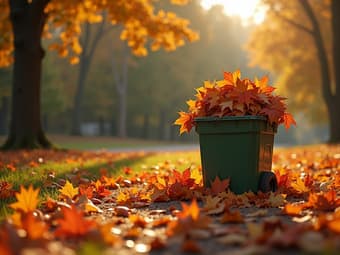 Fall leaf cleanup and disposal methods, outdoor setting with studio lighting