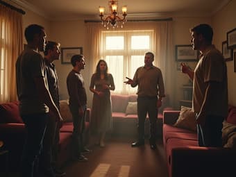 Family arguing in a living room, loud and chaotic atmosphere