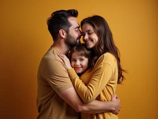 Family embracing with a warm background, studio photography