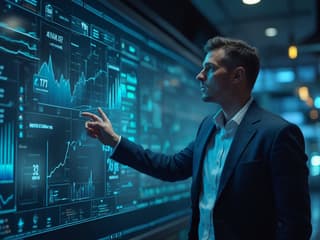 Financial analyst presenting AI ROI metrics, data-rich environment, professional headshot