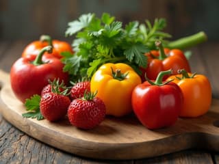 Fresh fruits and vegetables on a cutting board