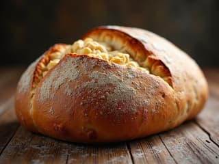 Freshly baked artisanal bread with perfect crust, studio lighting, textured background