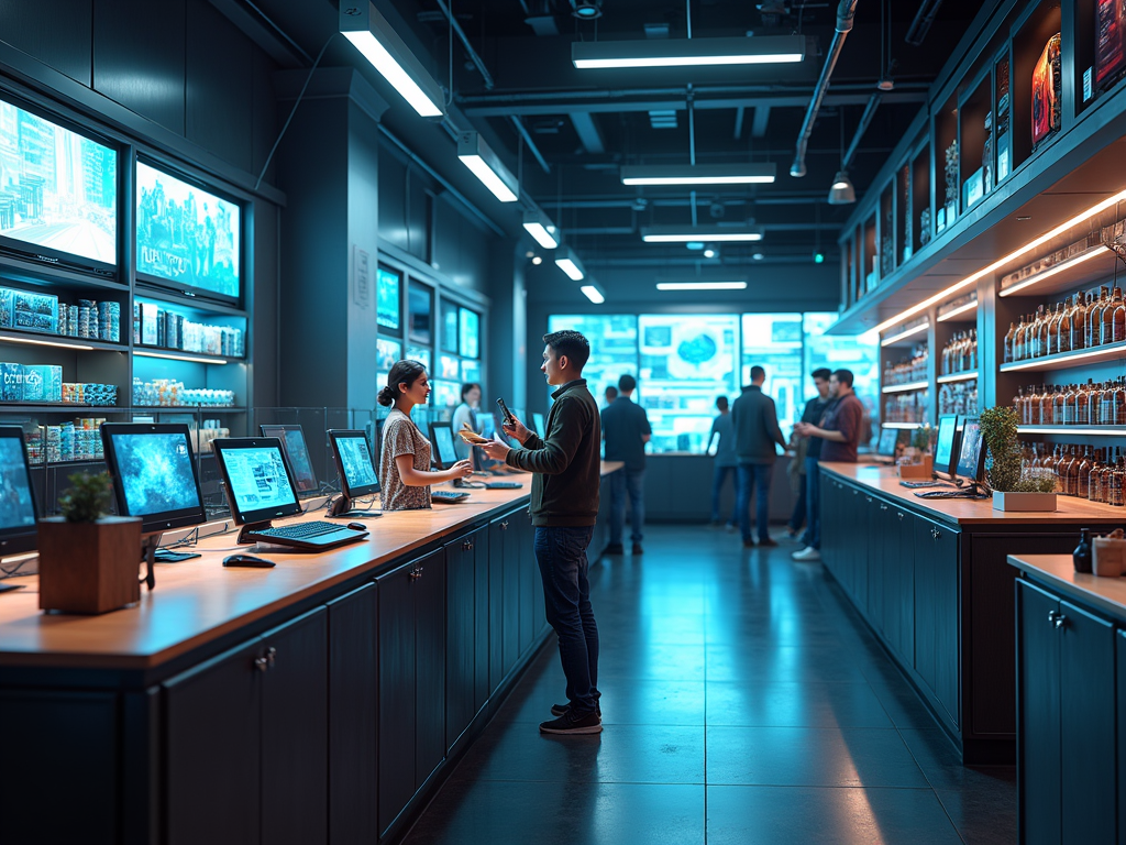 Futuristic local store with high-tech gadgets, customers interacting with technology