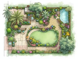 Garden design blueprint with colorful plants and layout, professional landscape architecture plan