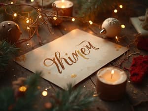 Greeting card being written with festive elements around, celebration concept, studio lighting