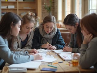 Group of students engaged in a collaborative study session