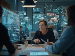 HR manager conducting AI readiness workshop, collaborative workspace, studio quality photograph