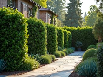 Hedge plant selection guide, privacy and beauty, outdoor setting with studio lighting