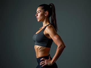 High-energy studio portrait of a person in workout gear, mid-exercise, dynamic lighting