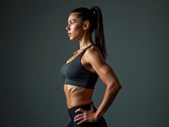 High-energy studio portrait of a person in workout gear, mid-exercise, dynamic lighting