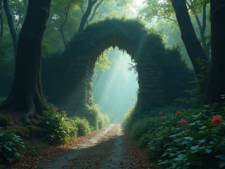 High-quality studio photograph of a magical forest gateway, ethereal lighting, mystical atmosphere