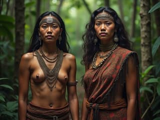 High-resolution studio portrait of Amazon tribe members, traditional attire, rainforest backdrop