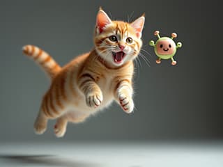 High-speed studio photography of a playful cat in mid-air, catching a toy