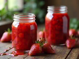 Homemade strawberry jam in rustic jars, natural light, farmhouse kitchen style