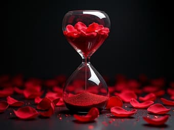 Hourglass filled with red rose petals and stars, dramatic studio lighting, high contrast
