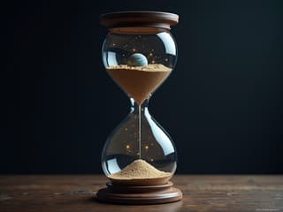 Hourglass with stars and planets inside, dramatic studio lighting, professional photo