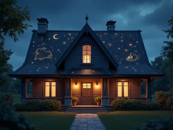 House with a starry roof and zodiac symbols, soft focus studio shot, home theme