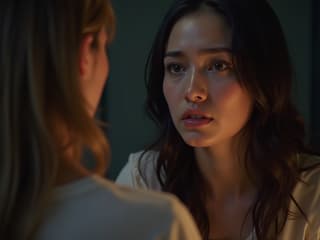 Hurt person looking at a gossiping friend, with a worried expression