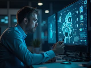 IT consultant comparing AI solutions, tech-focused meeting room, studio lighting